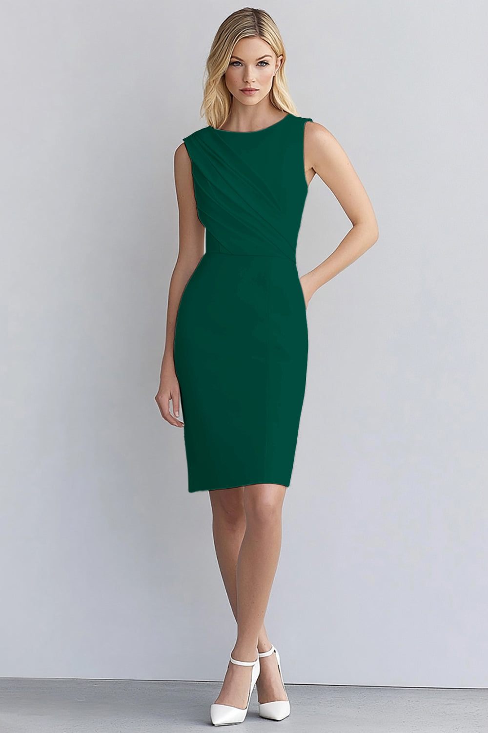 Black Satin Bodycon Round Neck Ruched Midi Work Dress