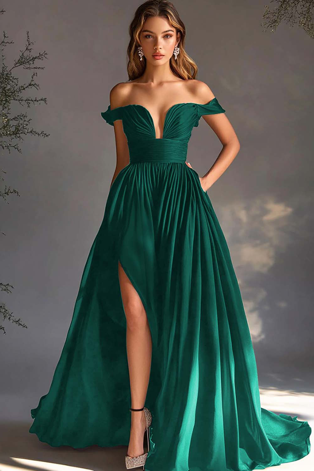 Black Off The Shoulder A Line Chiffon Long Formal Dress with Slit