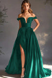 Black Off The Shoulder A Line Chiffon Long Formal Dress with Slit