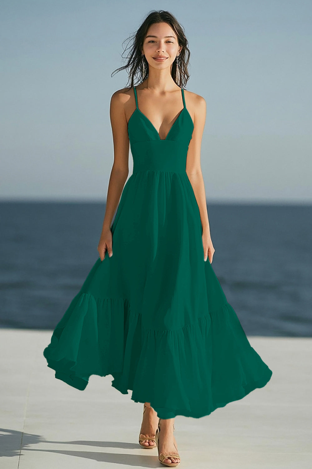 Dark Green Spaghetti Straps A Line Satin Maxi Boho Formal Dress