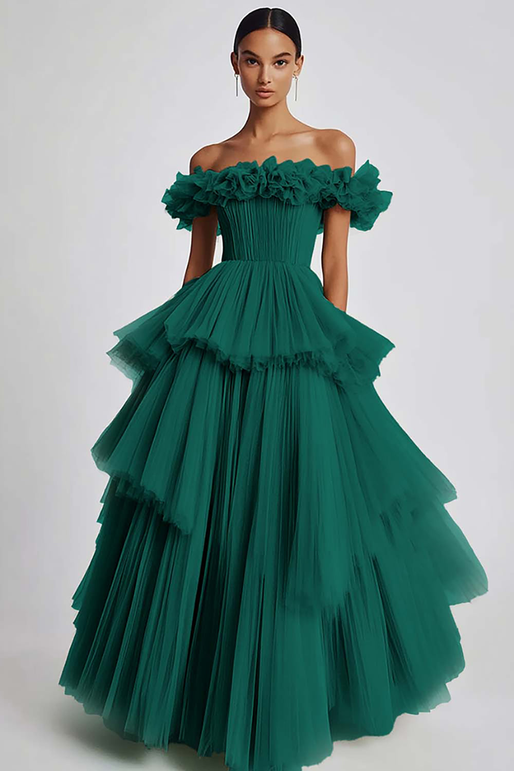 Black Tulle Off The Shoulder Ball Gown Long Formal Dress with Ruffles