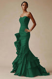 Black Strapless Satin Ruffled Mermaid Formal Dress