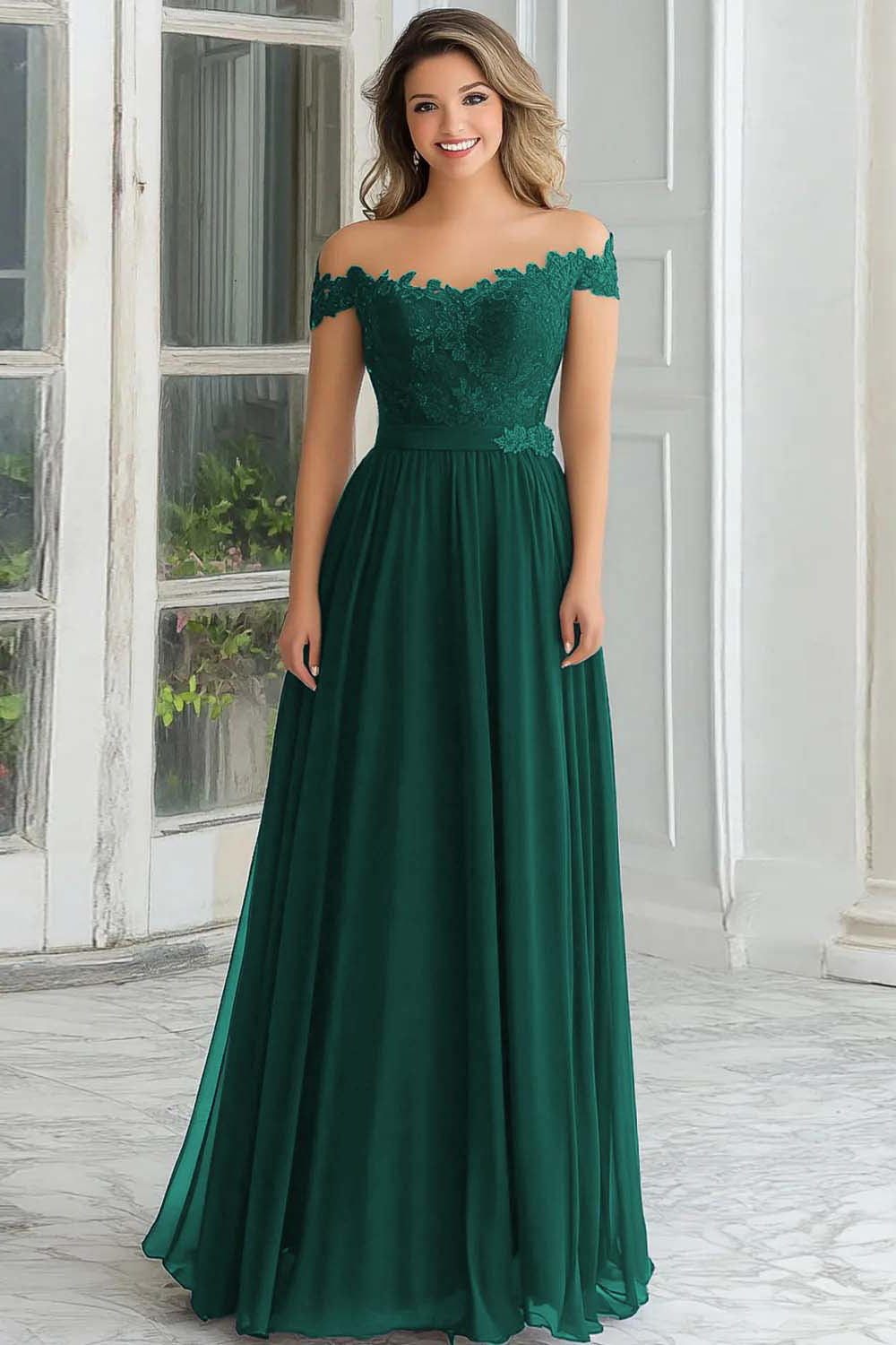 Elegant A-Line Navy Off the Shoulder Chiffon Long Mother Of the Bride Dress with Lace Appliques