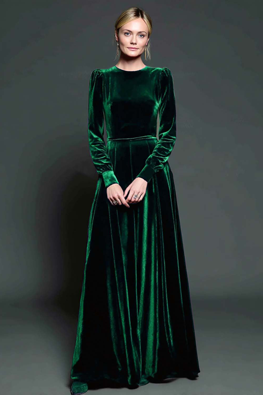 Dark Purple A Line Velvet Long Formal Dress with Sleeves