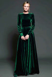 Dark Purple A Line Velvet Long Formal Dress with Sleeves