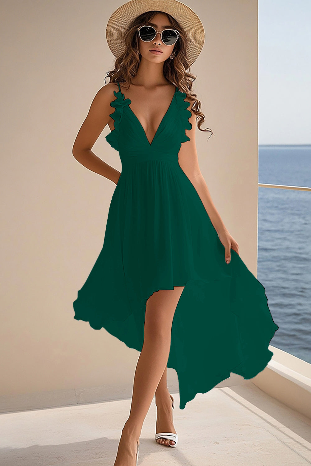 Black Chiffon A Line Ruffled V Neck High-Low Graduation Dress