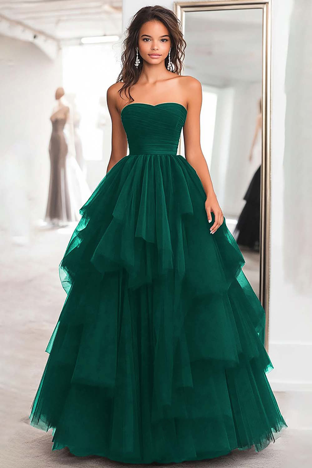 Black Ball Gown Strapless Tulle Tiered Long Formal Dress