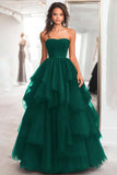Black Ball Gown Strapless Tulle Tiered Long Formal Dress