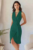 Black Bodycon Satin V Neck Midi Work Dress with Sash