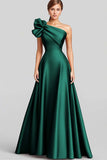 Black A-Line Ruffled One Shoulder Satin Long Formal Dress