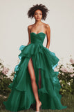 Navy Ball Gown Sweetheart Ruffled Long Formal Dress with Front Slit