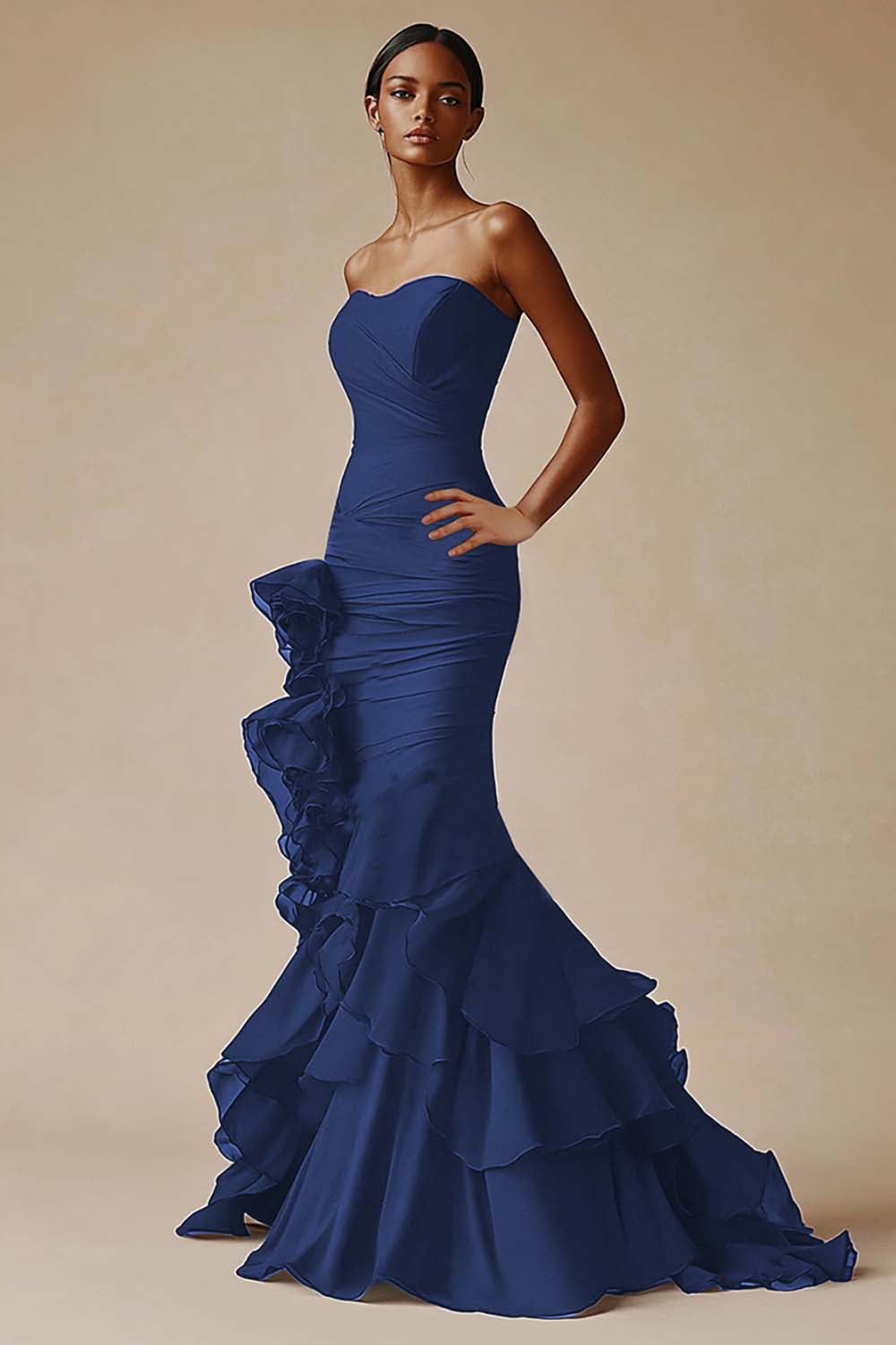Black Strapless Satin Ruffled Mermaid Formal Dress