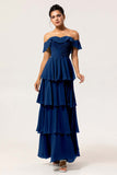 Eucalyptus A Line Off the Shoulder Tiered  Pleated Long Bridesmaid Dress with Slit