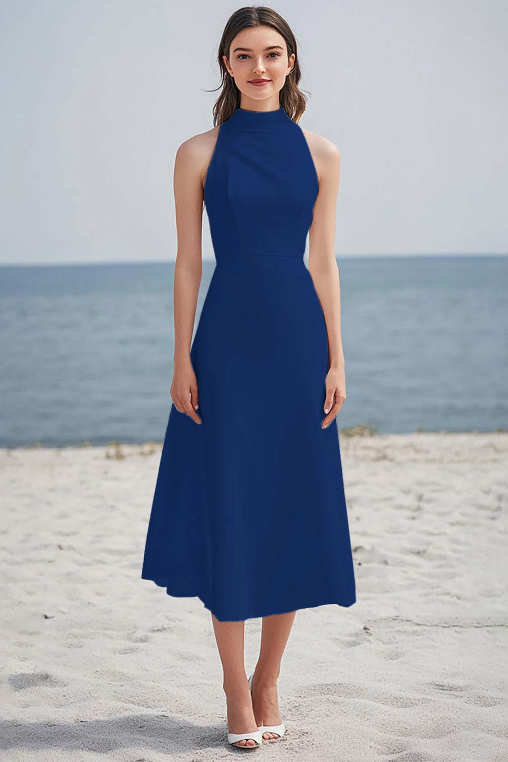 Simple Black High Neck Satin Midi Boho Dress