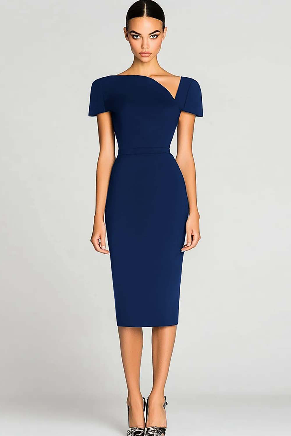Black Short Sleeves Bodycon Satin Midi Work Dress