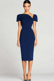 Black Short Sleeves Bodycon Satin Midi Work Dress