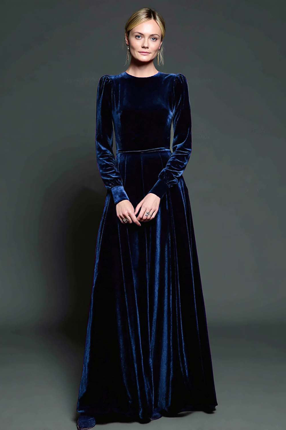 Dark Purple A Line Velvet Long Formal Dress with Sleeves