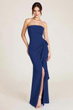 Black Satin Strapless Mermaid Ruched Long Formal Dress With Slit