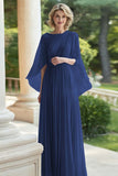 Black Pleated A Line Chiffon Mother of the Bride Dress with Sleeves