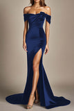 Black Mermaid Off the Shoulder Satin Formal Dress with Slit