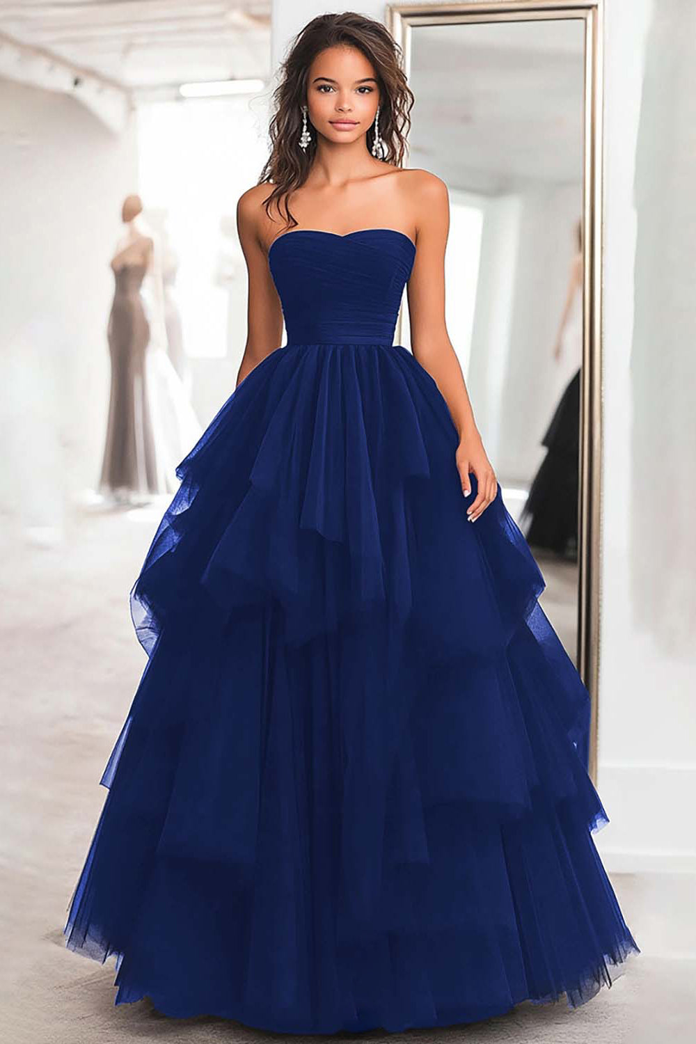 Black Ball Gown Strapless Tulle Tiered Long Formal Dress