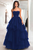 Black Ball Gown Strapless Tulle Tiered Long Formal Dress