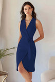 Black Bodycon Satin V Neck Midi Work Dress with Sash