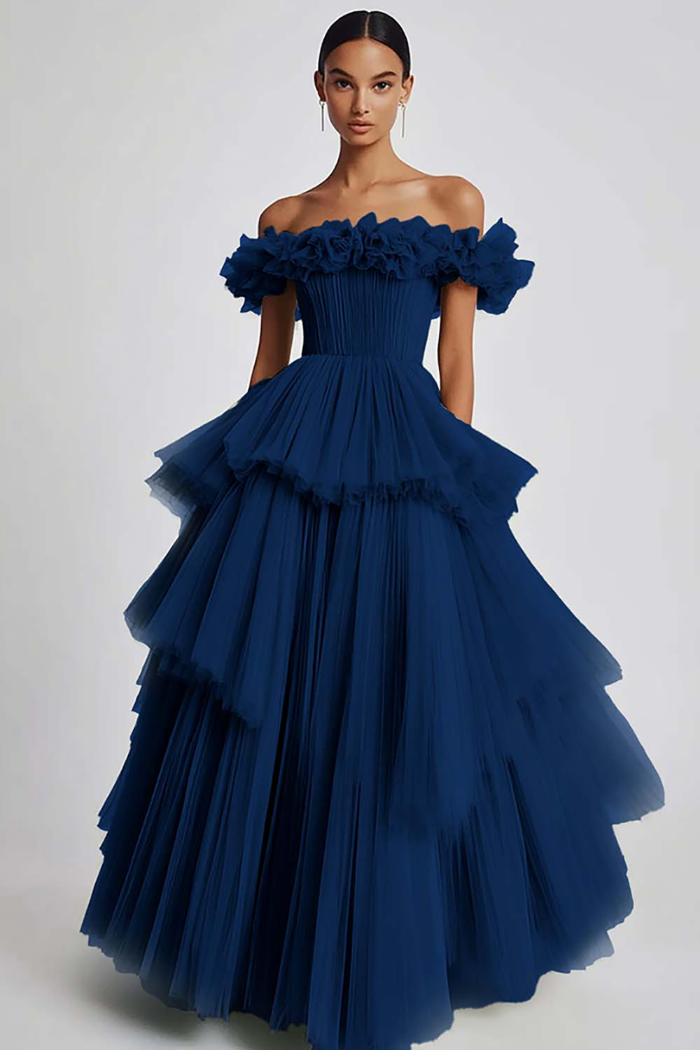 Dusty Sage Tulle Off The Shoulder Ball Gown Long Formal Dress with Ruffles