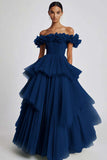 Dusty Sage Tulle Off The Shoulder Ball Gown Long Formal Dress with Ruffles