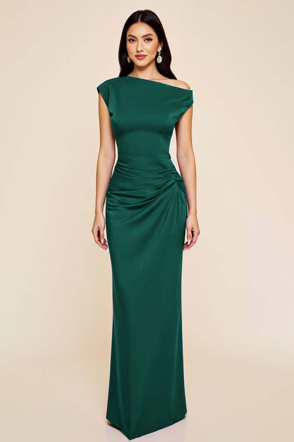 Black Satin Sheath Ruched One Shoulder Long Formal Dress