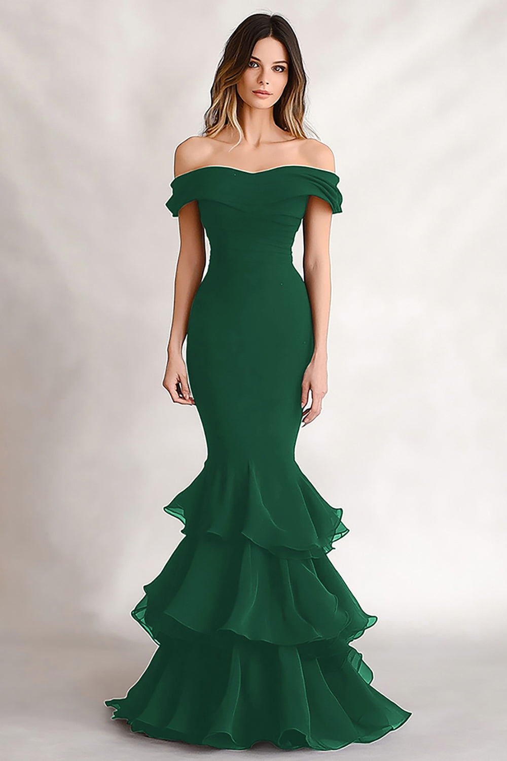 Black Satin Off the Shoulder Mermaid Tiered Long Formal Dress