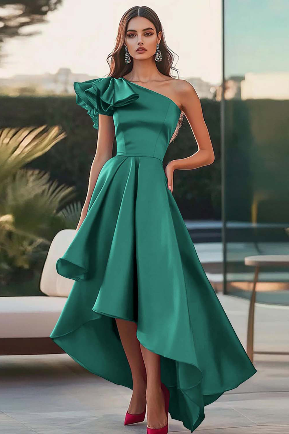 Fuchsia Satin One Shoulder High-Low Ruffled A Line Formal Dress