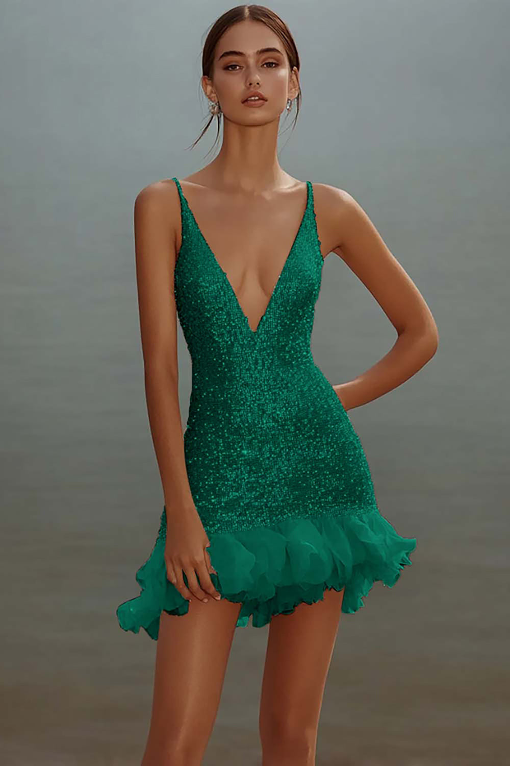 Sparkly White Bodycon V Neck Sequin Ruffled Short Graduation Dress