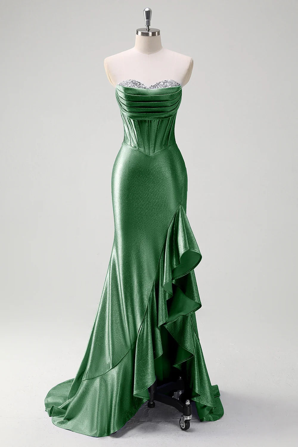 Sparkly Grey Blue Mermaid Strapless Ruffle Corset Satin Long Formal Dress with Slit