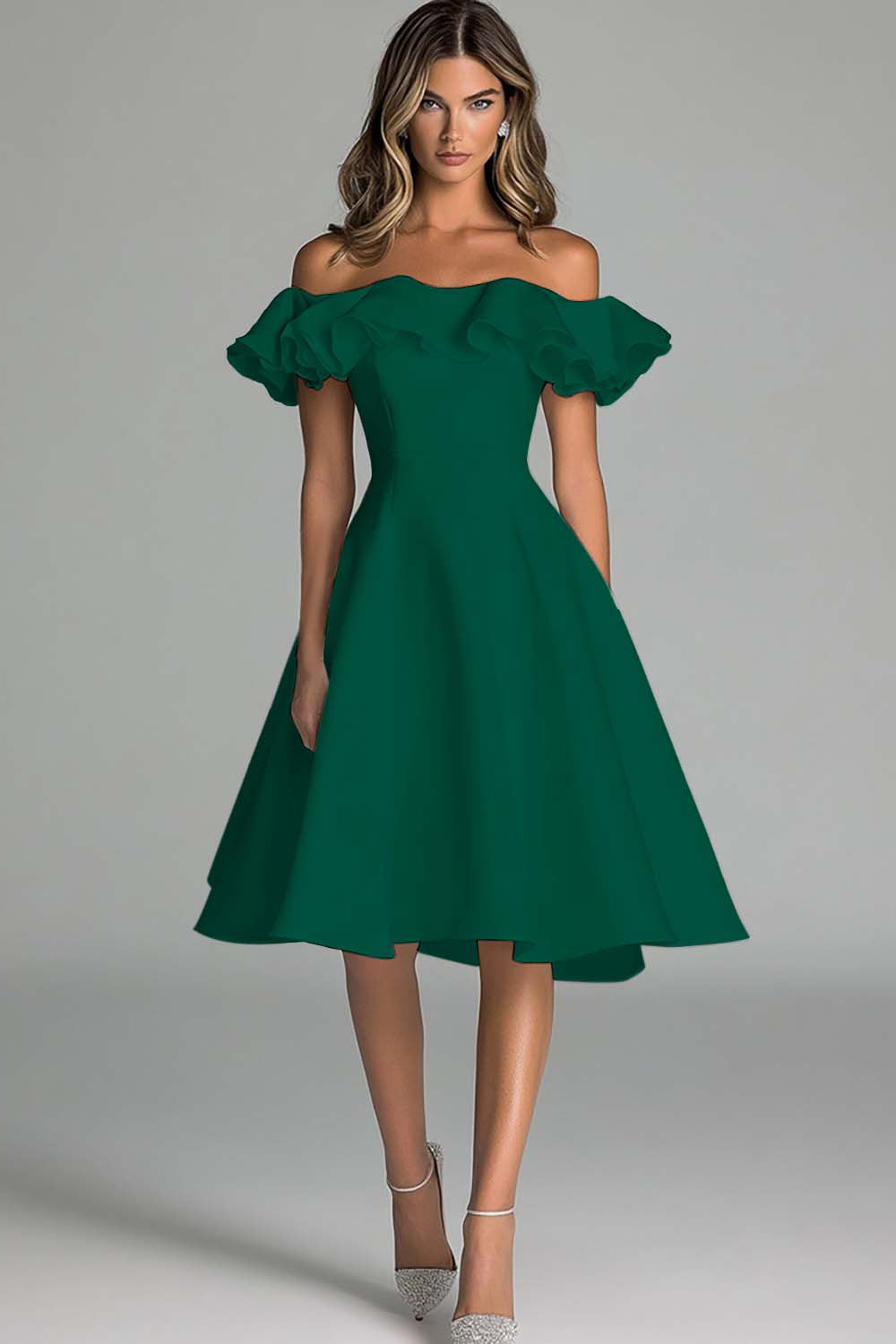 Black Off The Shoulder A Line Midi Cocktail Dress With Ruffles