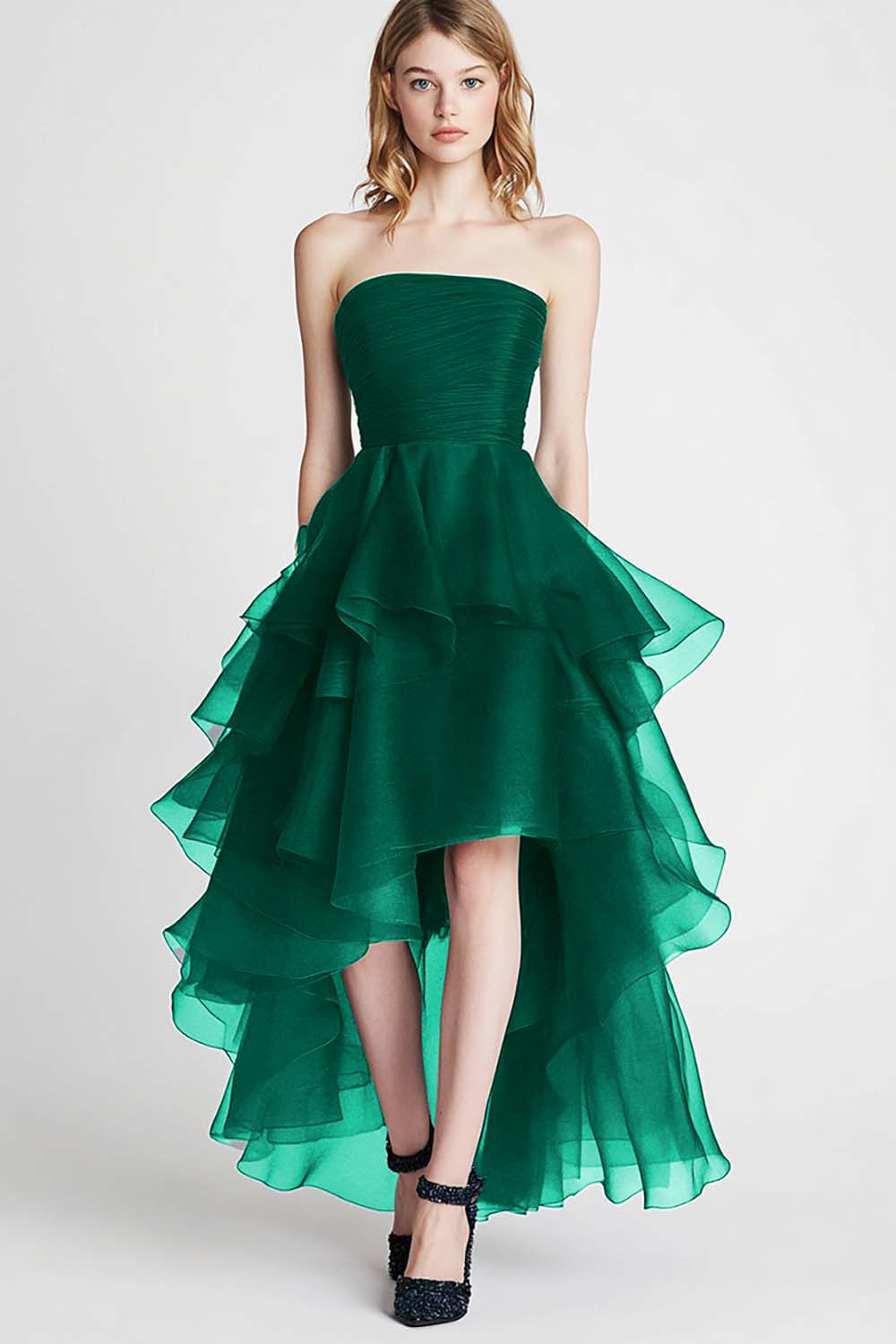 Navy Organza A Line Strapless Tiered High-Low Formal Dress