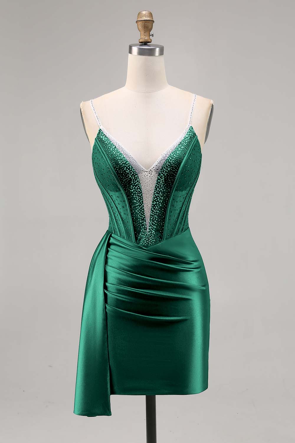 Sparkly Navy Satin Beaded Corset Short Cocktail Dress with Sash