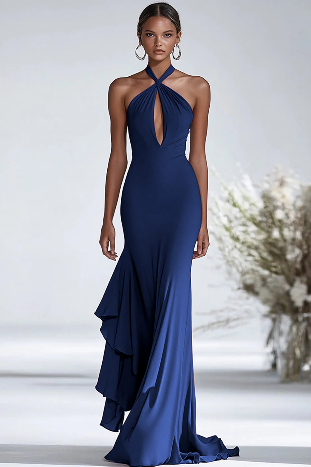 Halter Terracotta Chiffon Sheath Long Formal Dress with Ruffles