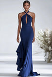 Halter Terracotta Chiffon Sheath Long Formal Dress with Ruffles