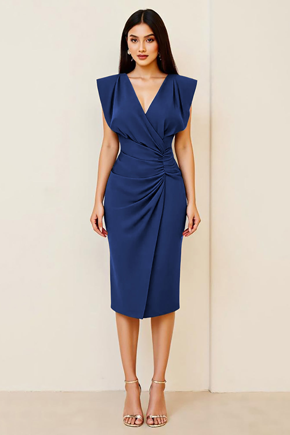 Black Satin Midi V Neck Ruched Bodycon Formal Dress