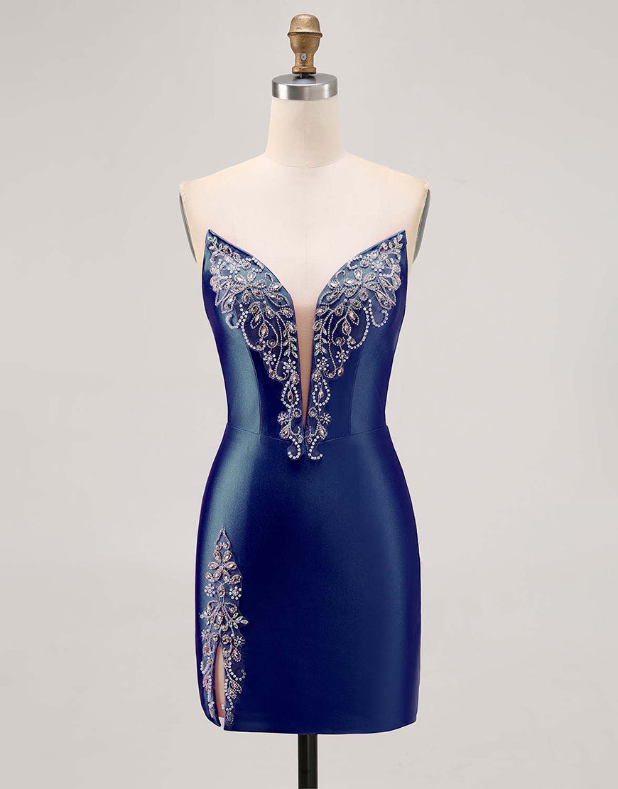 Sparkly Fuchsia Strapless Beaded Bodycon Short Cocktail Dress with Slit