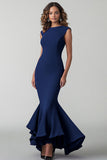 Plum Crepe Mermaid Round Neck Formal Dress