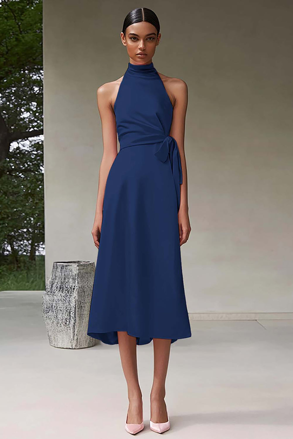 Pink Satin A Line High Neck Sleeveless Midi Formal Dress