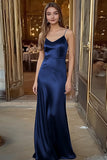 Coffee Satin Spaghetti Straps Sheath Long Formal Dress