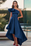 Fuchsia Satin One Shoulder High-Low Ruffled A Line Formal Dress