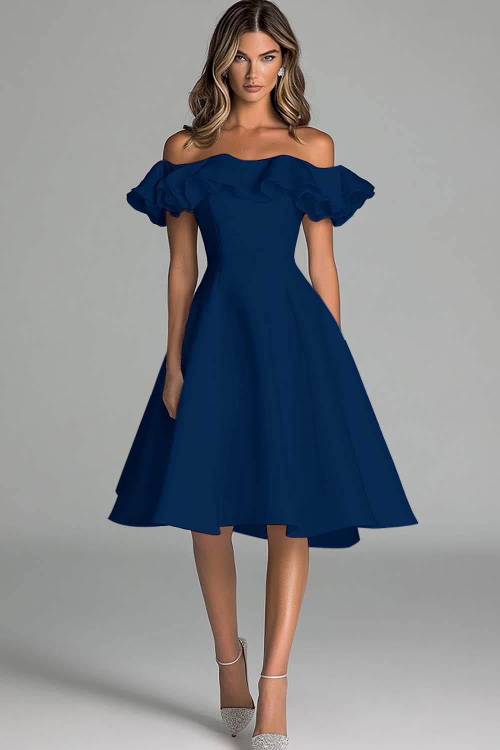 White Off The Shoulder A Line Midi Graduation Dress With Ruffles