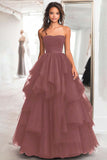 Black Ball Gown Strapless Tulle Tiered Long Formal Dress