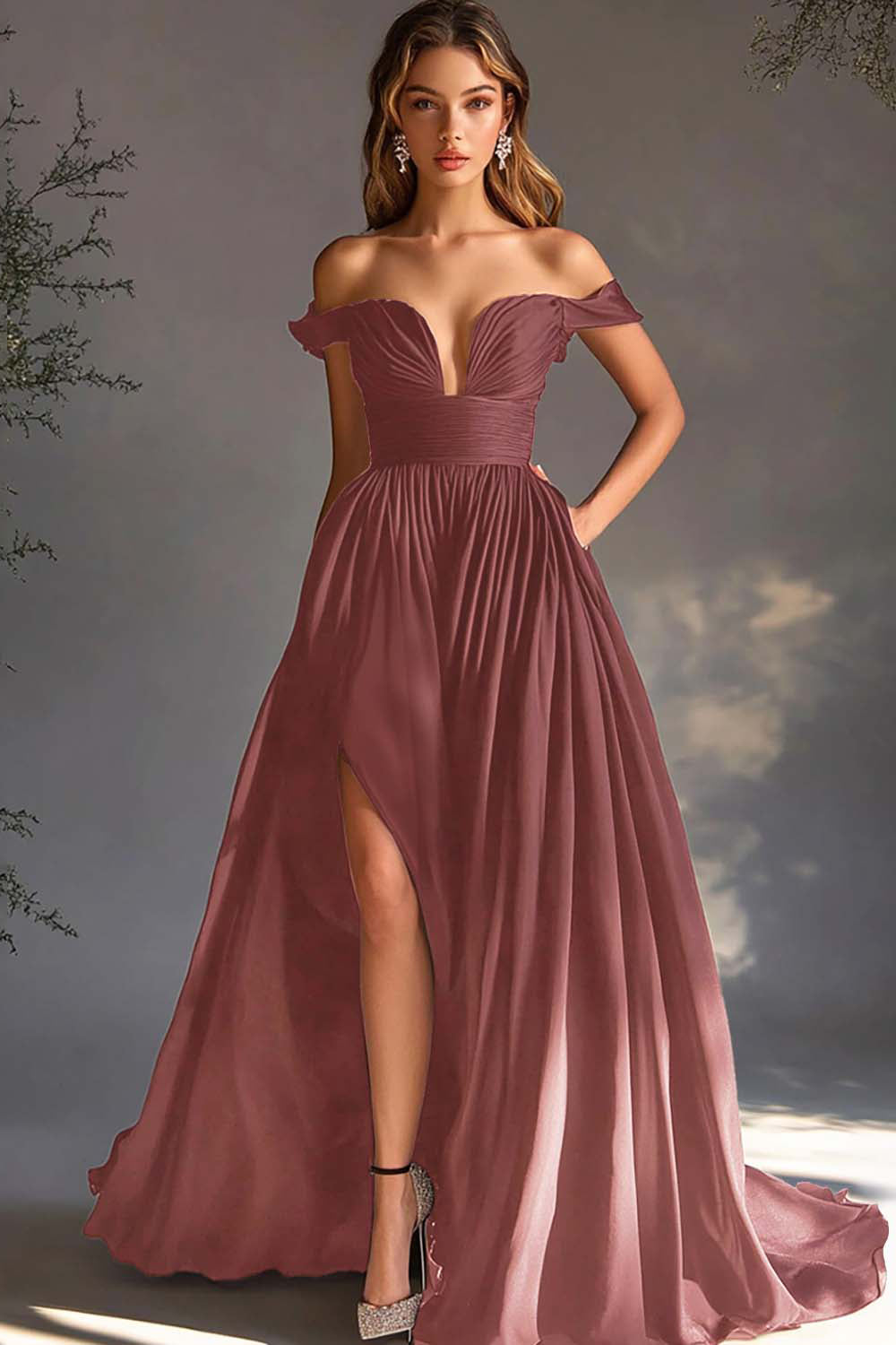 Black Off The Shoulder A Line Chiffon Long Formal Dress with Slit