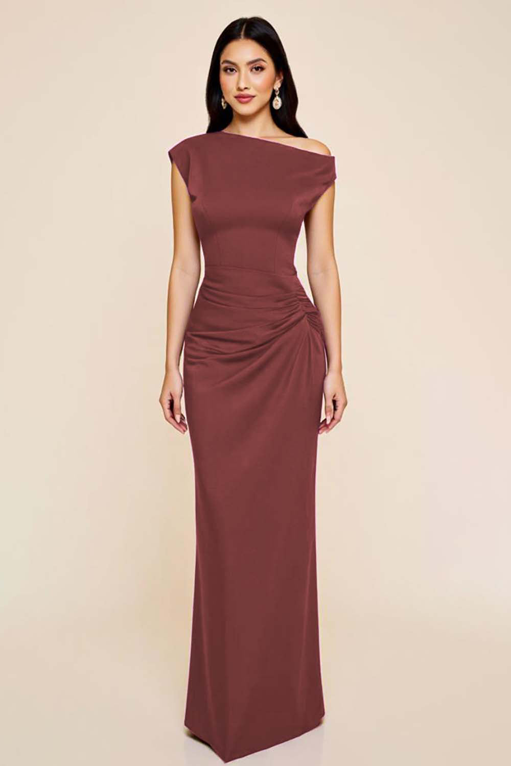 Plum Satin Sheath Ruched One Shoulder Long Formal Dress