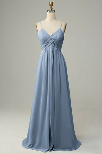 Dusty Blue Spaghetti Straps Sleeveless Bridesmaid Dress
